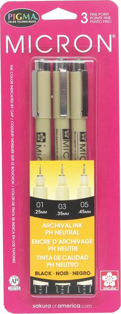 Pigma Micron Pen Set Of 3 Black-in Sizes 01 (.25Mm), 03 (.35Mm), And 05 (.45Mm)