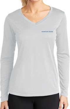 Champlain Womens Performance Long Sleeve V Neck Shirt Primary Mark - ONLINE ONLY