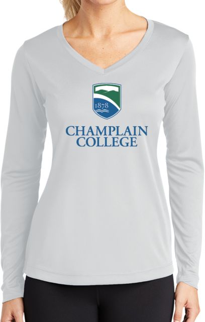 Champlain Womens Performance Long Sleeve V Neck Shirt Champlain College w/ Shield Stacked - ONLINE ONLY